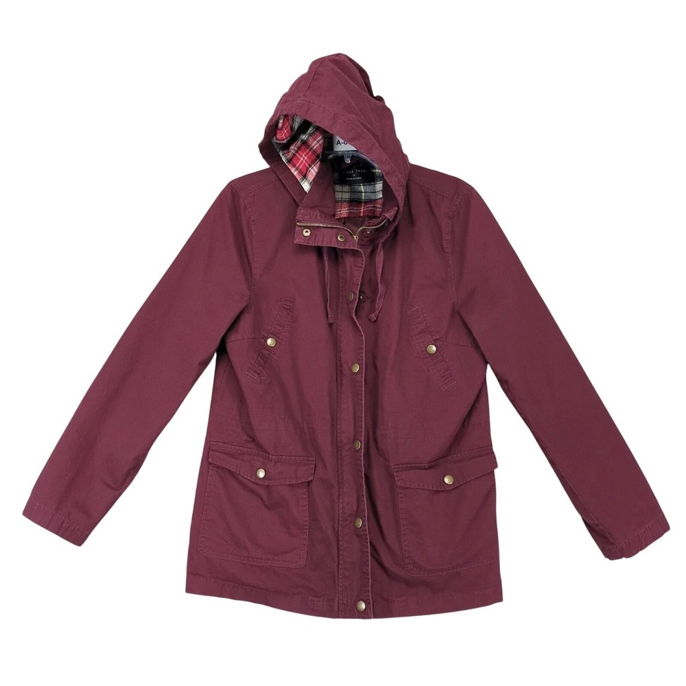 Love Tree Burgundy Military Jacket Womens 1X Flannel Lined Hood, Utility Pockets